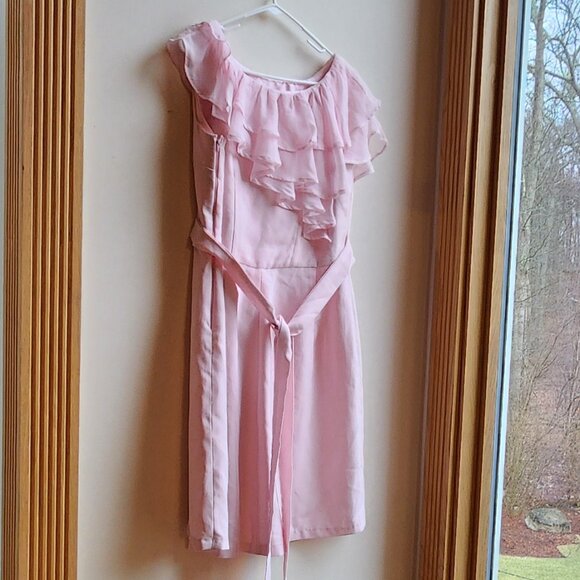 Pink Ruffled Sleeveless Belted Dress Size 14 - Picture 4 of 15